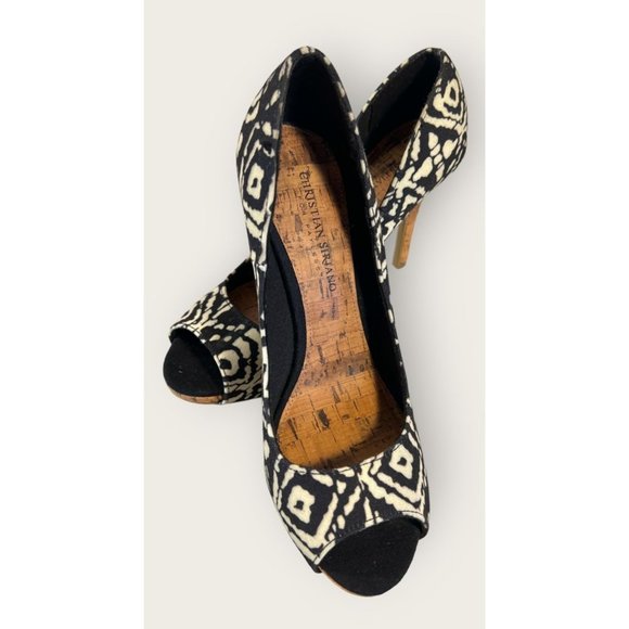 Christian Siriano Womens Size 8.5 Black and Cream Print, Cork Heels, Peep Toe - Picture 1 of 14